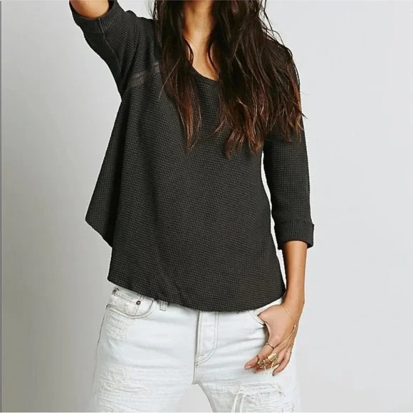 FREE PEOPLE Bon Bon Lace Back Waffle Knit Thermal Top Size Medium - Picture 3 of 7